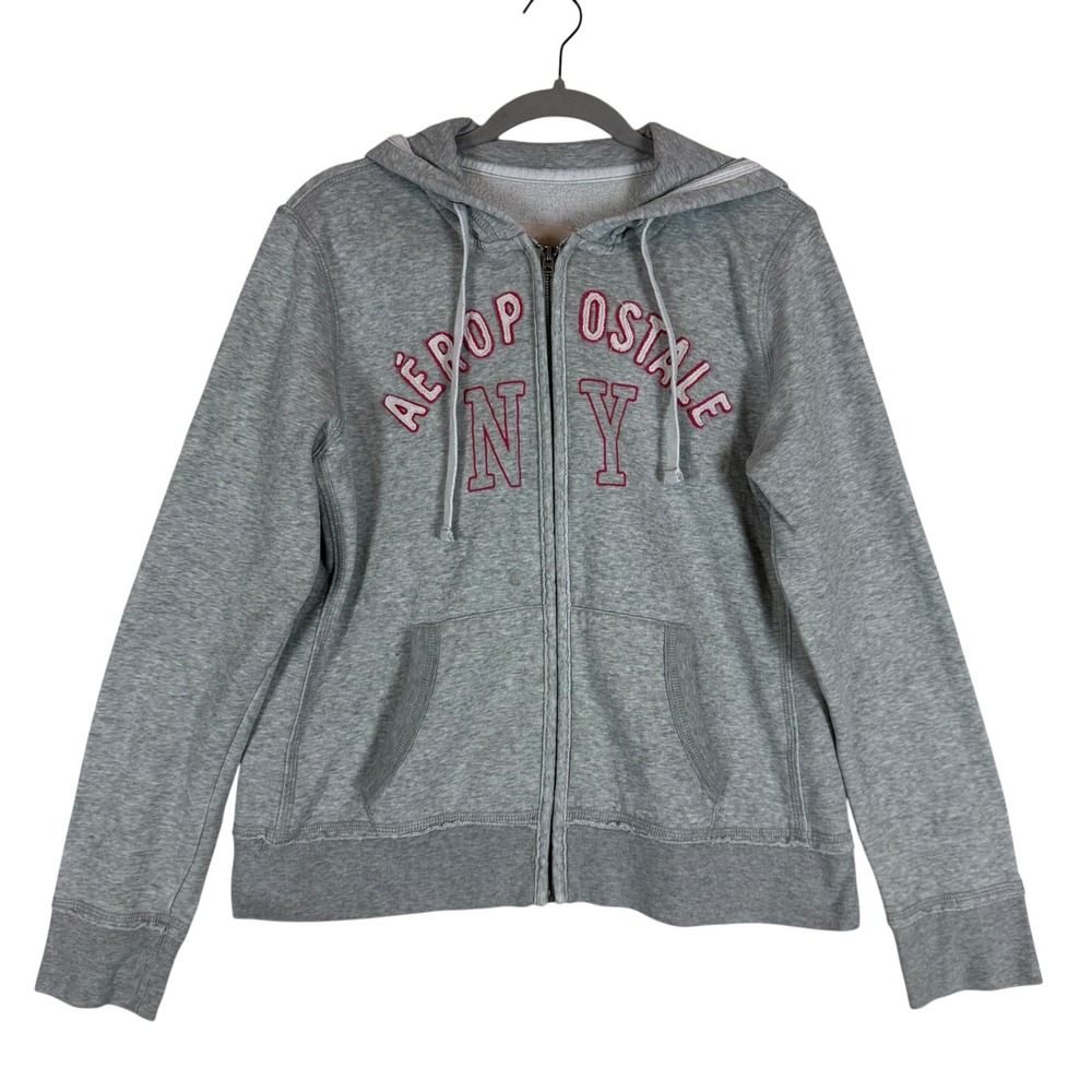 Aeropostale Hoodie Womens XL Gray Full Zip Fleece NY Logo Kangaroo Pockets